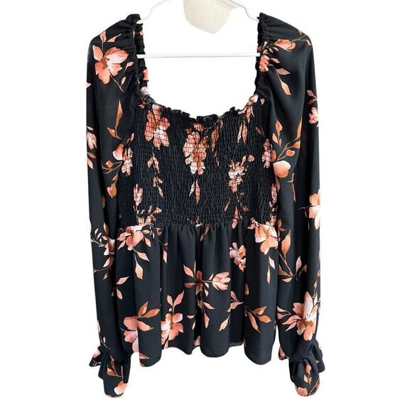 Haptics By Holly Harper Blouse Ruching Sz 2X Black Floral Comfort Relaxed Peplum - Picture 1 of 7